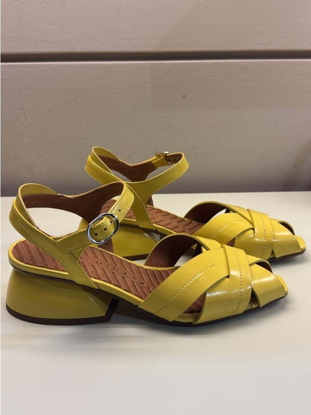 Chie Mihara Yellow Strappy Low Block Heel leather Sandals NWT